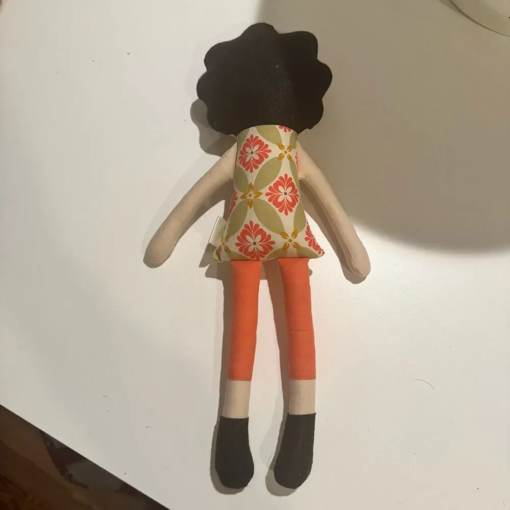 Roving Ovine Cloth Rag Doll Girl Floral Orange Pants Black Yarn Hair Plush Toy